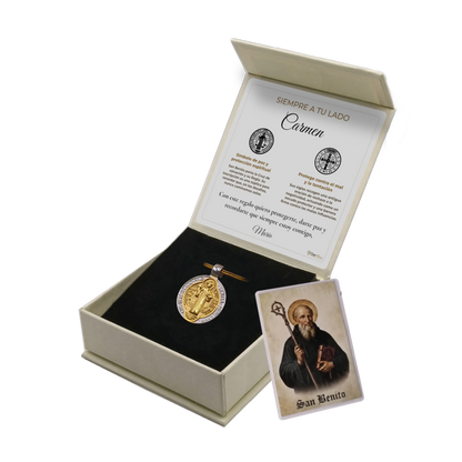 Llavero San Benito de Acero · Tarjeta con Oración