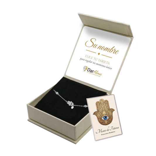 Pulsera Plata de Ley 925 · Protectora con Mano de Fatima  ·  Tarjeta con oración