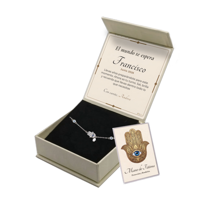 Pulsera Plata de Ley 925 · Protectora con Mano de Fatima  ·  Tarjeta con oración