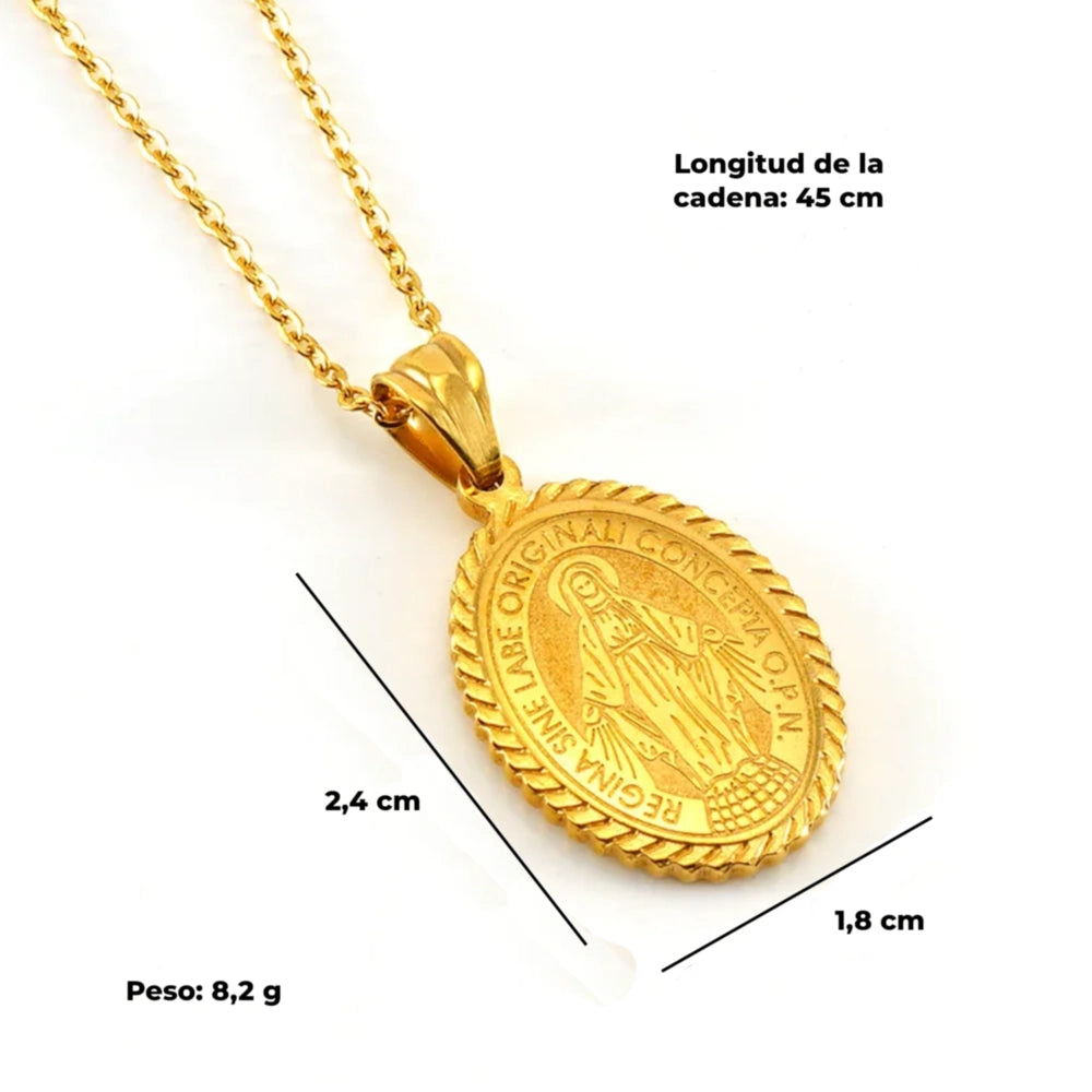 Medalla Virgen Milagrosa de Acero Bañado en Oro 18K · Tarjeta con Oración