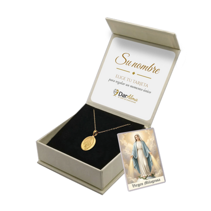Medalla Virgen Milagrosa de Acero Bañado en Oro 18K · Tarjeta con Oración