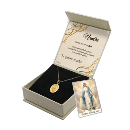 Medalla Virgen Milagrosa de Acero Bañado en Oro 18K · Tarjeta con Oración