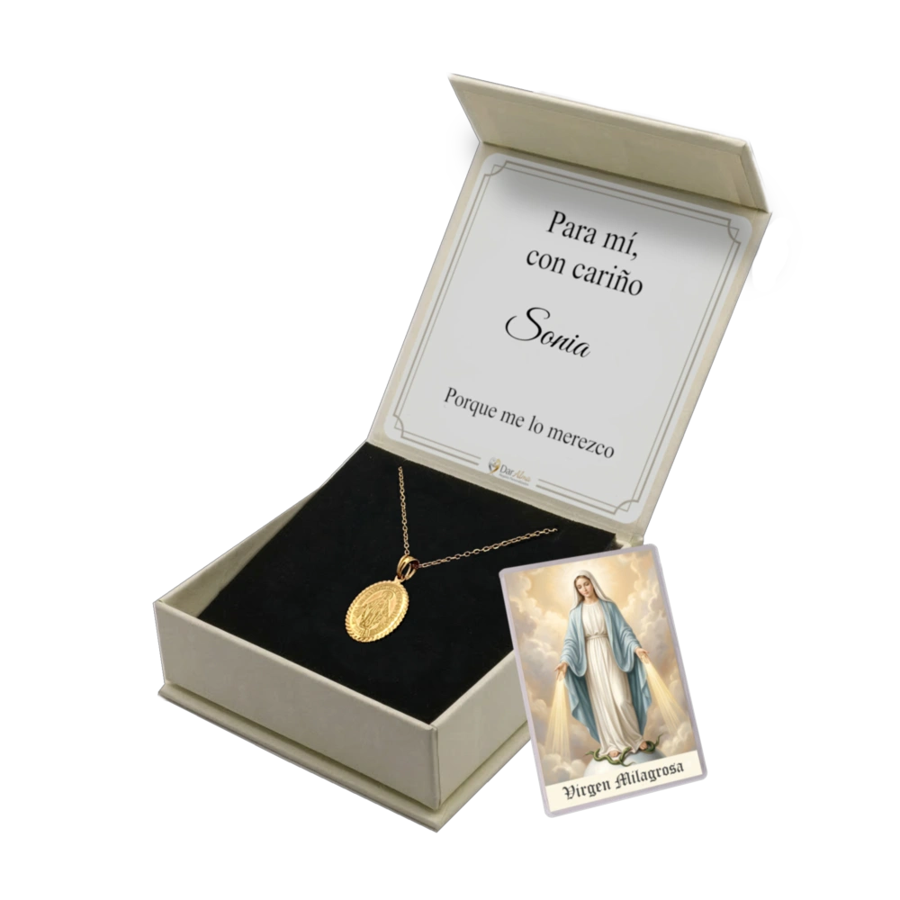 Medalla Virgen Milagrosa de Acero Bañado en Oro 18K · Tarjeta con Oración