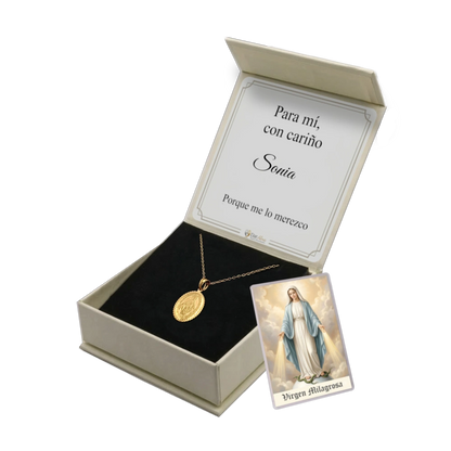 Medalla Virgen Milagrosa de Acero Bañado en Oro 18K · Tarjeta con Oración