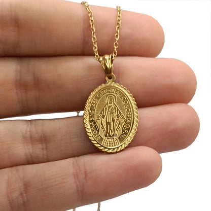 Medalla Virgen Milagrosa de Acero Bañado en Oro 18K · Tarjeta con Oración