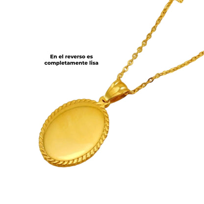 Medalla Virgen Milagrosa de Acero Bañado en Oro 18K · Tarjeta con Oración