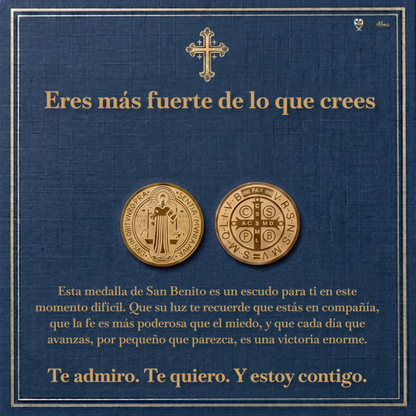 Colgante San Benito en Inox. Ed. "Fuerza Interior" + Tarjeta con Oración