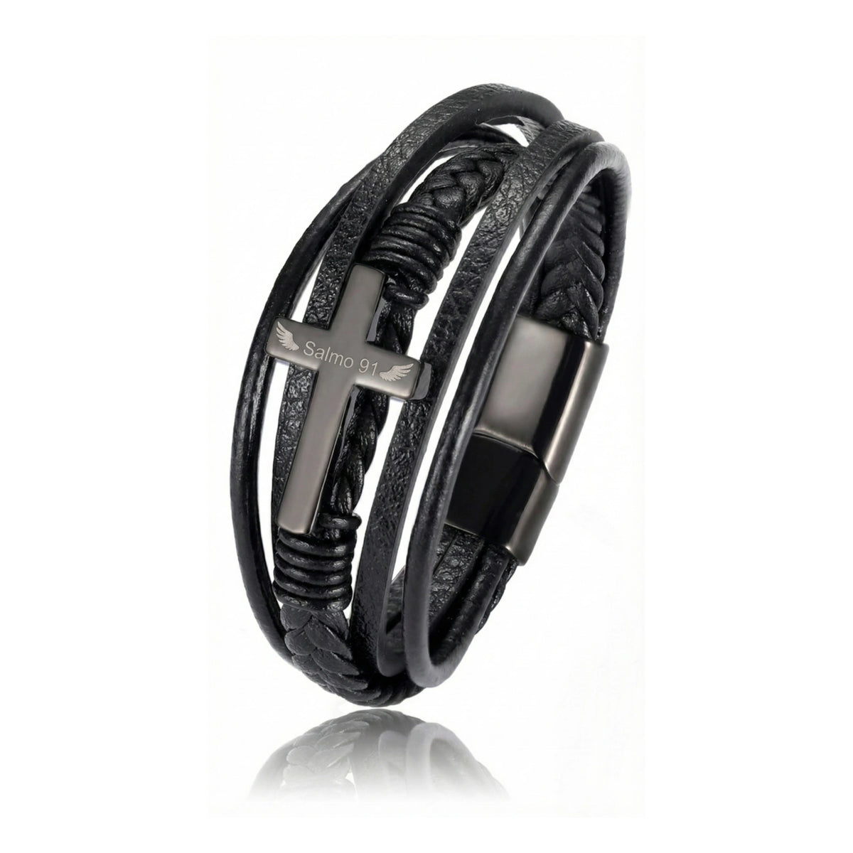 Pulsera Cuero y Acero · Protección Divina