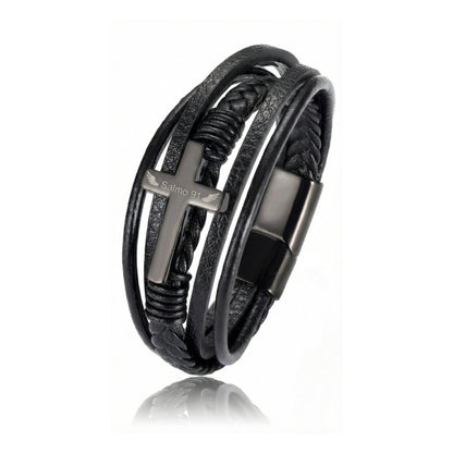 Pulsera Cuero y Acero · Protección Divina