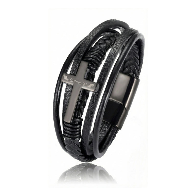 Pulsera Cuero y Acero · Protección Divina