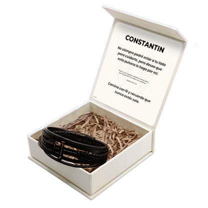 Pulsera Cuero y Acero · Protección Divina