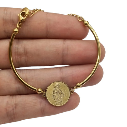 Pulsera Rígida Virgen Milagrosa de Acero · Tarjeta con Oración