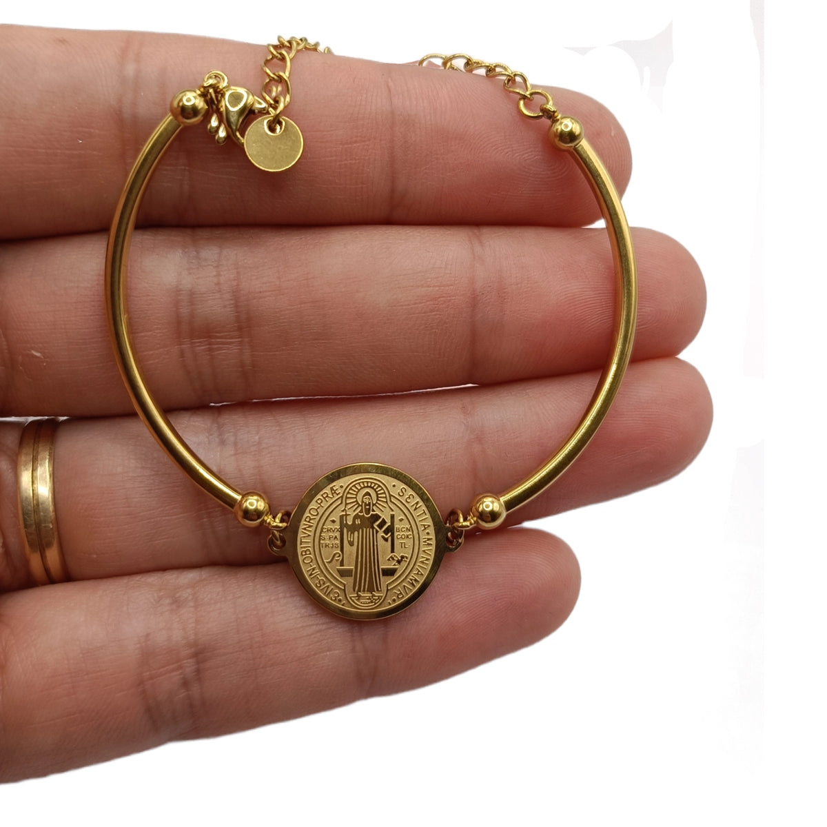 Pulsera Rígida San Benito de Acero · Tarjeta con Oración