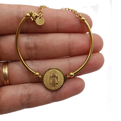 Pulsera Rígida San Benito de Acero · Tarjeta con Oración