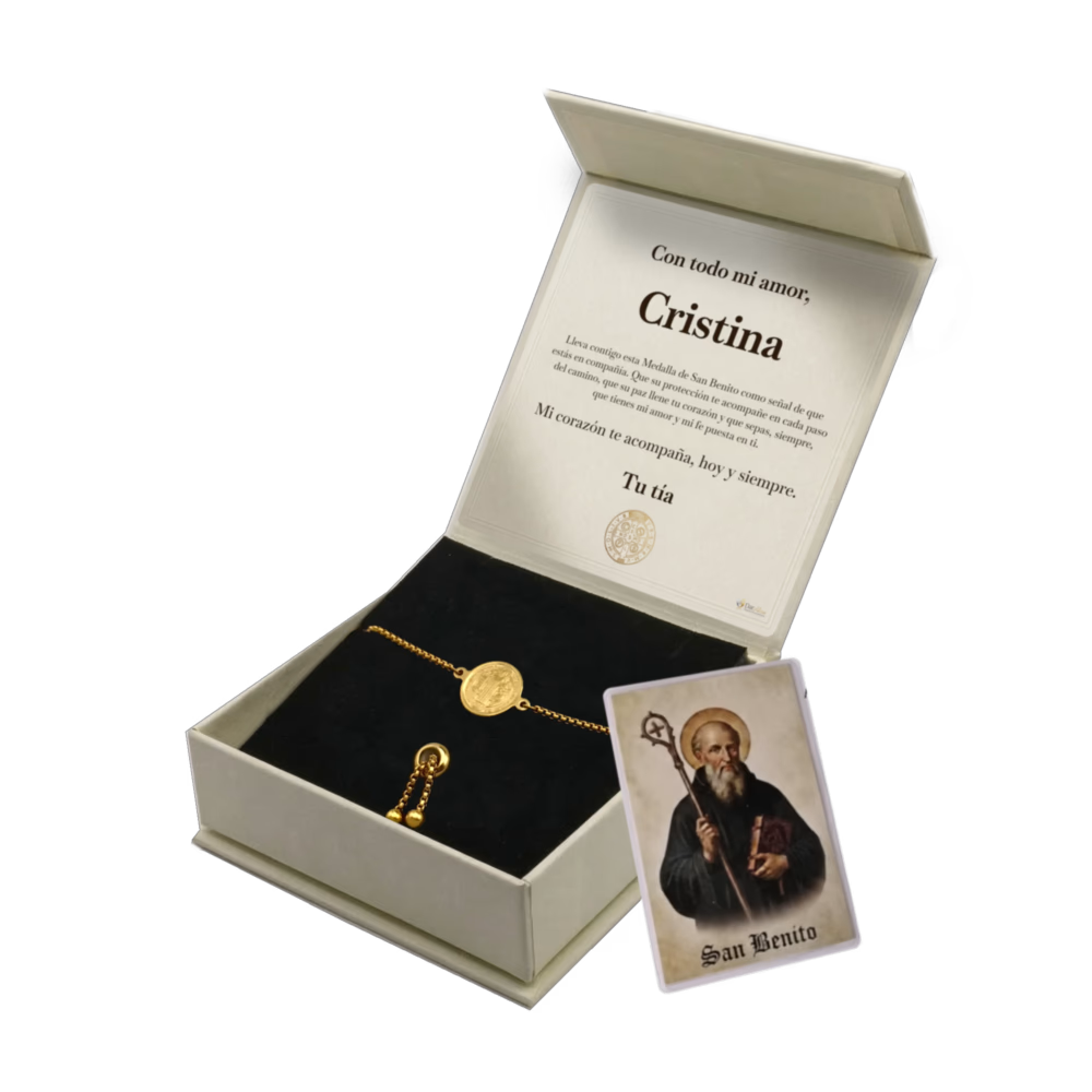 Pulsera San Benito de Acero · Tarjeta con Oración