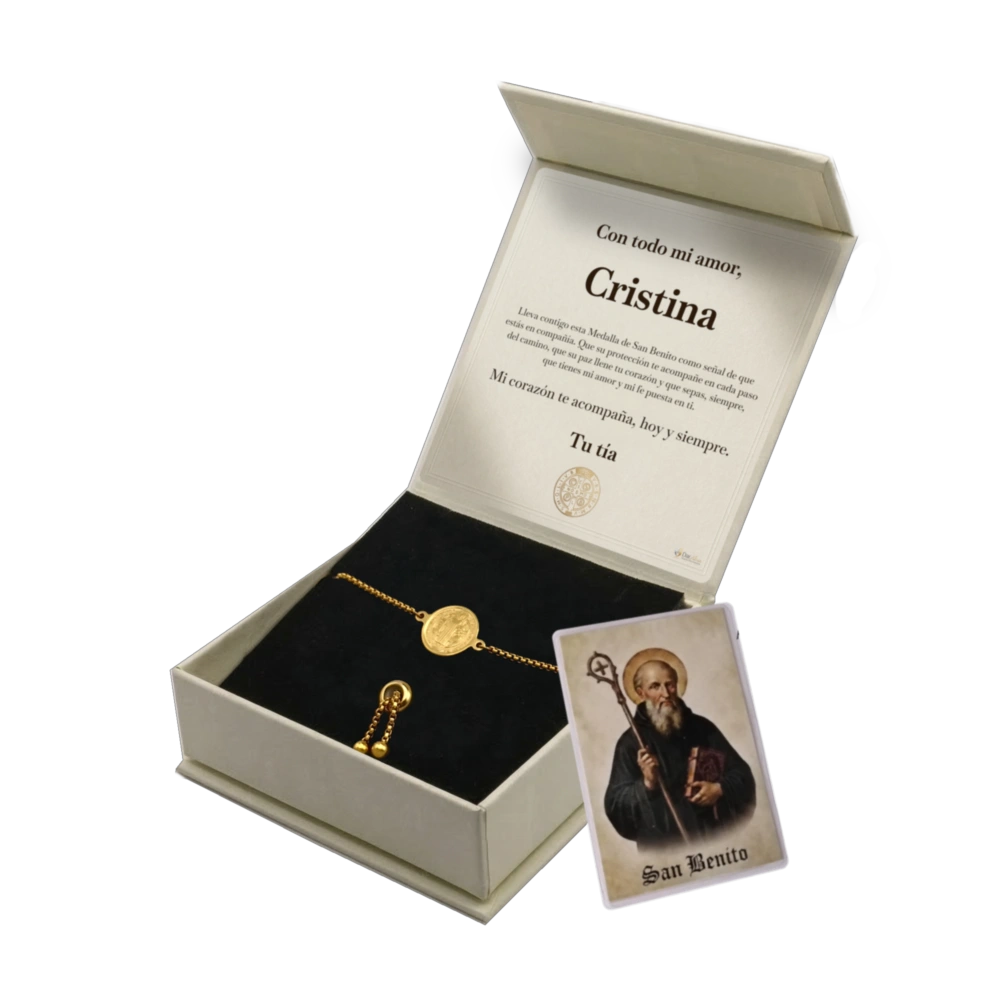 Pulsera San Benito de Acero · Tarjeta con Oración