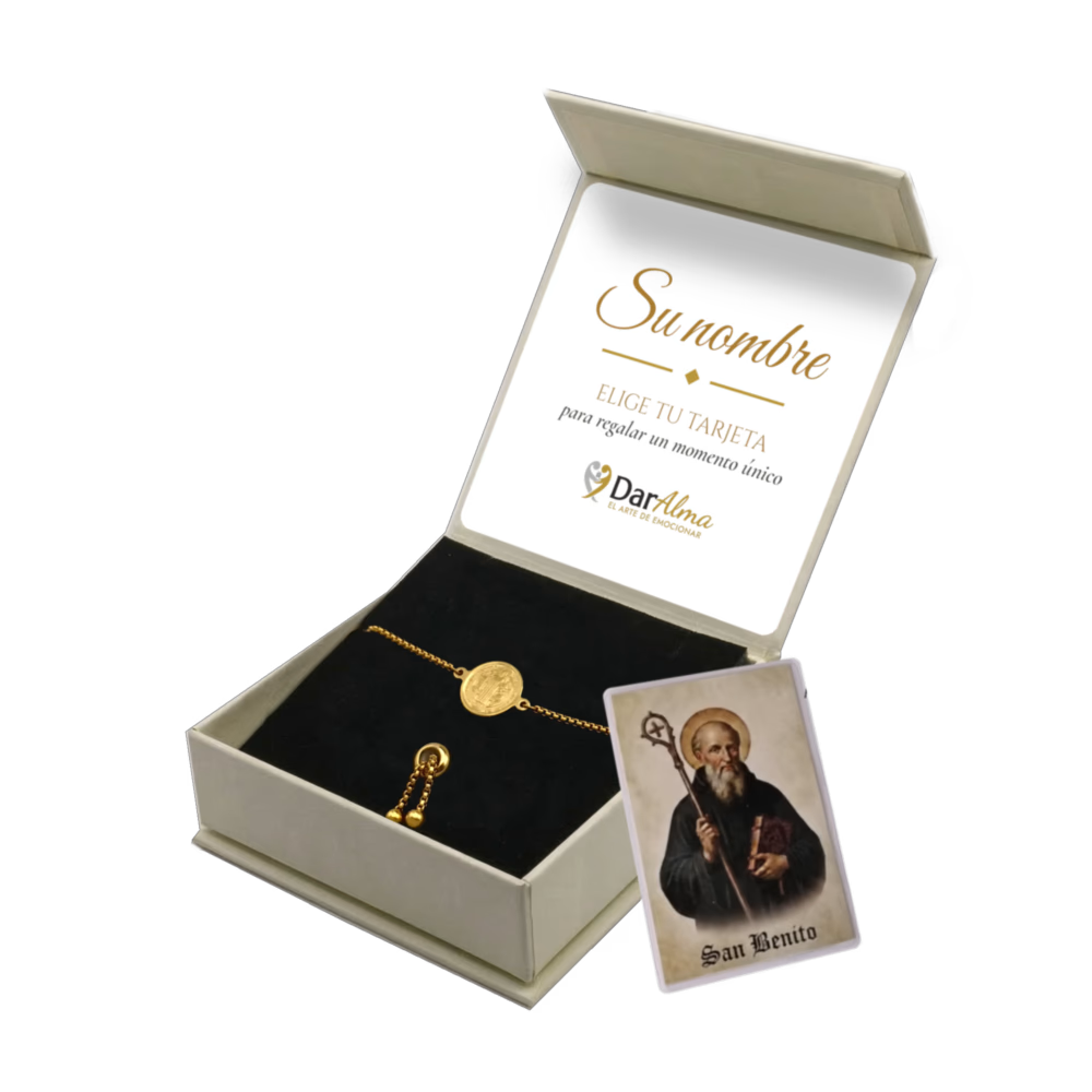 Pulsera San Benito de Acero · Tarjeta con Oración