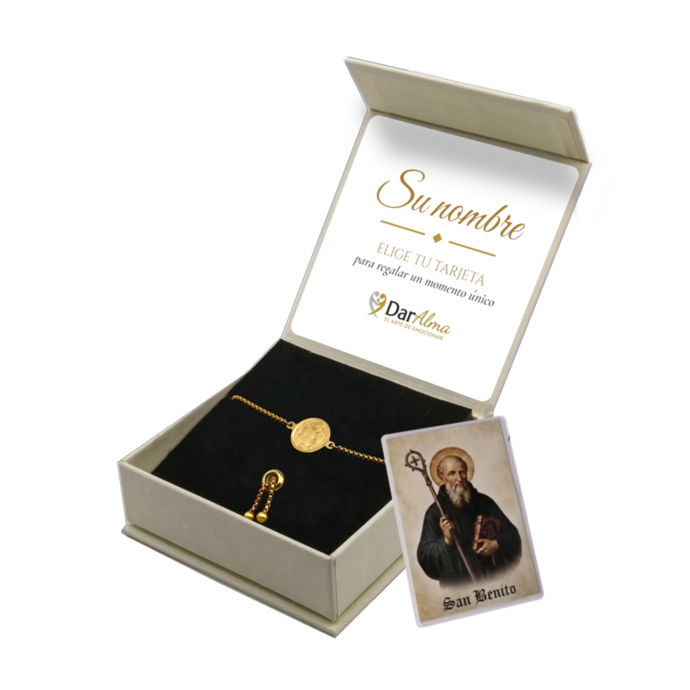 Pulsera San Benito de Acero · Tarjeta con Oración