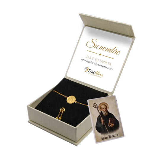 Pulsera San Benito de Acero · Tarjeta con Oración