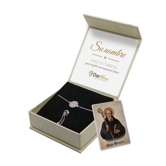 Pulsera San Benito de Acero · Tarjeta con Oración
