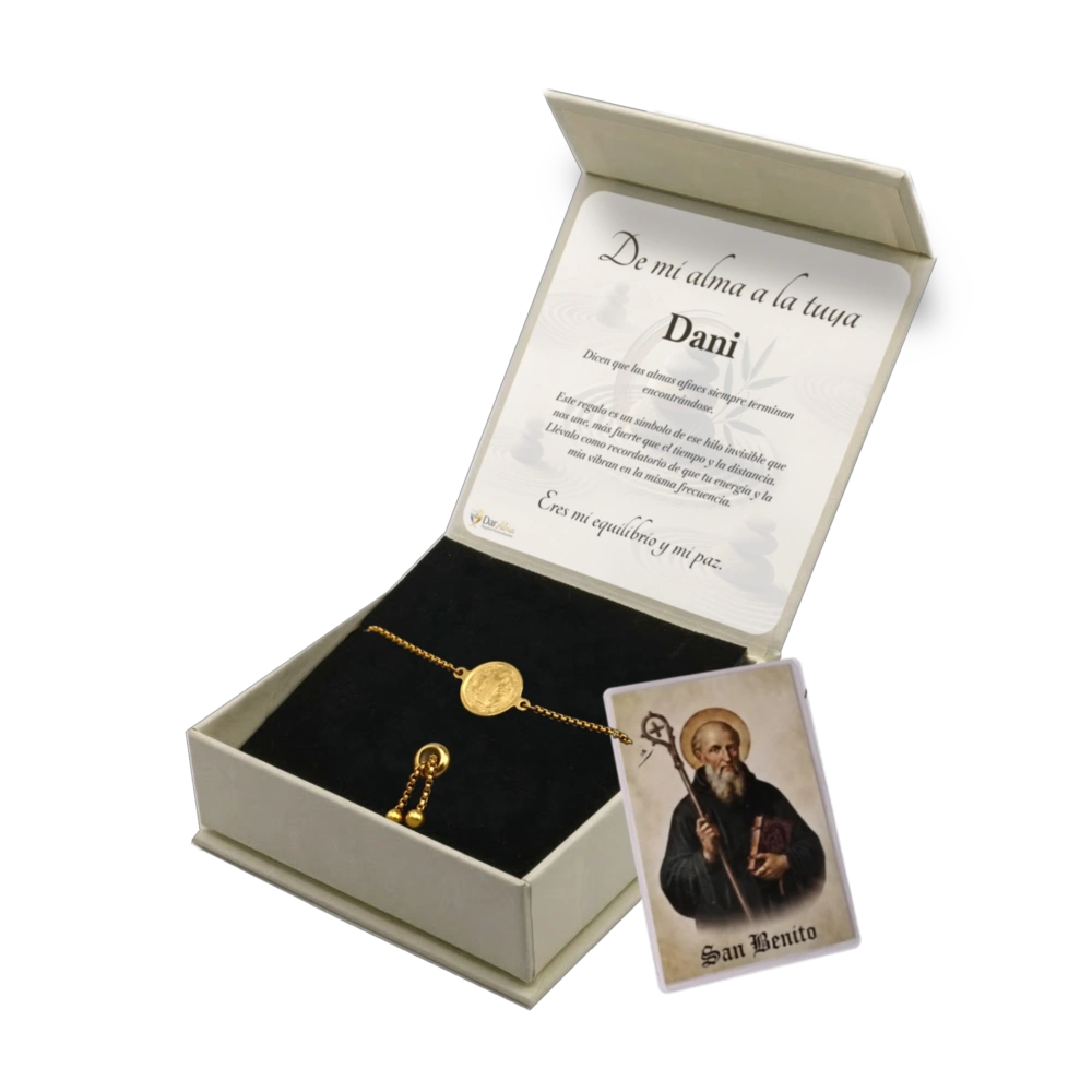 Pulsera San Benito de Acero · Tarjeta con Oración