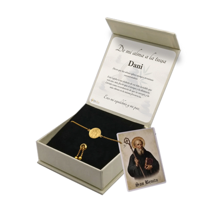 Pulsera San Benito de Acero · Tarjeta con Oración