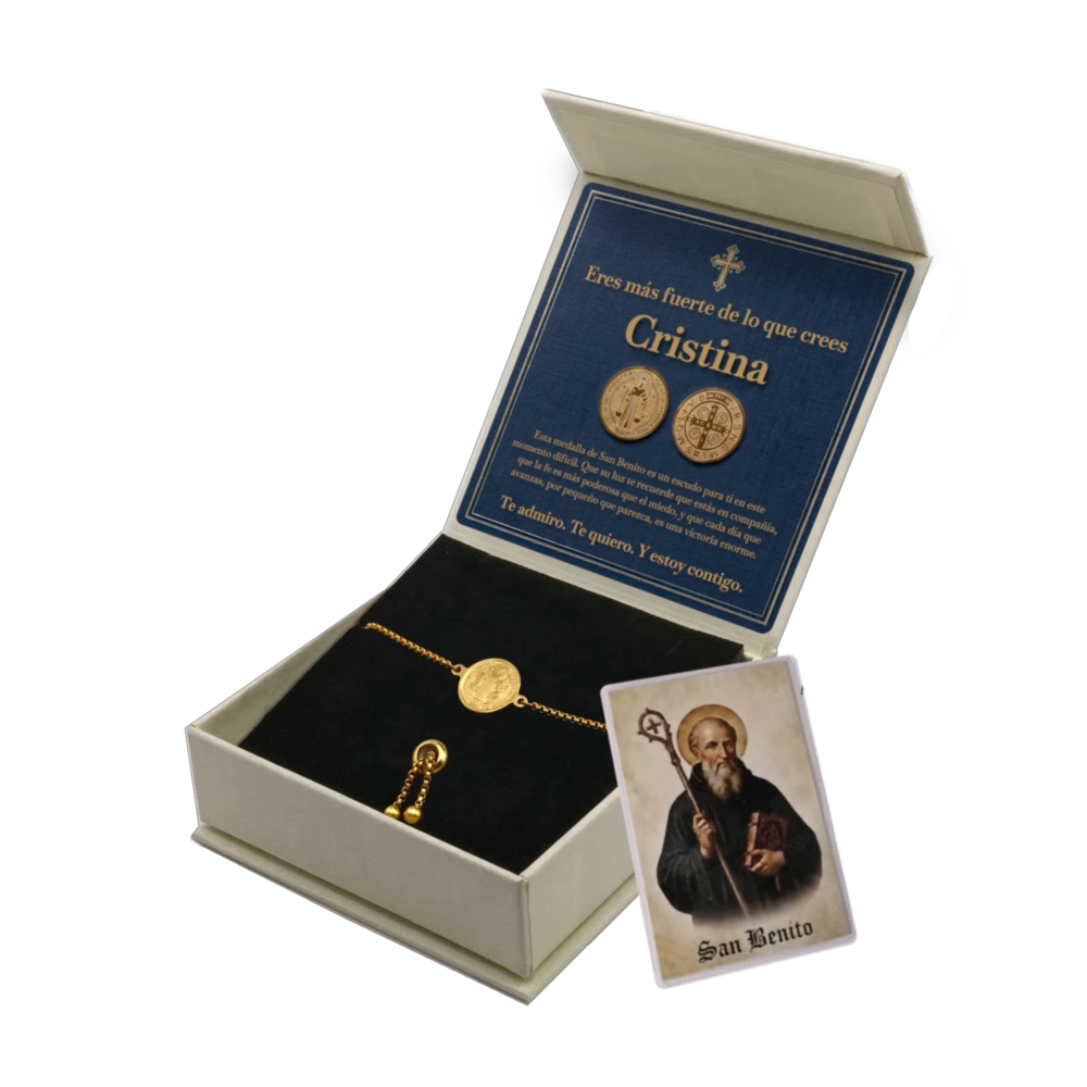Pulsera San Benito de Acero · Tarjeta con Oración