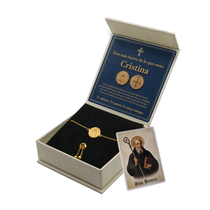Pulsera San Benito de Acero · Tarjeta con Oración