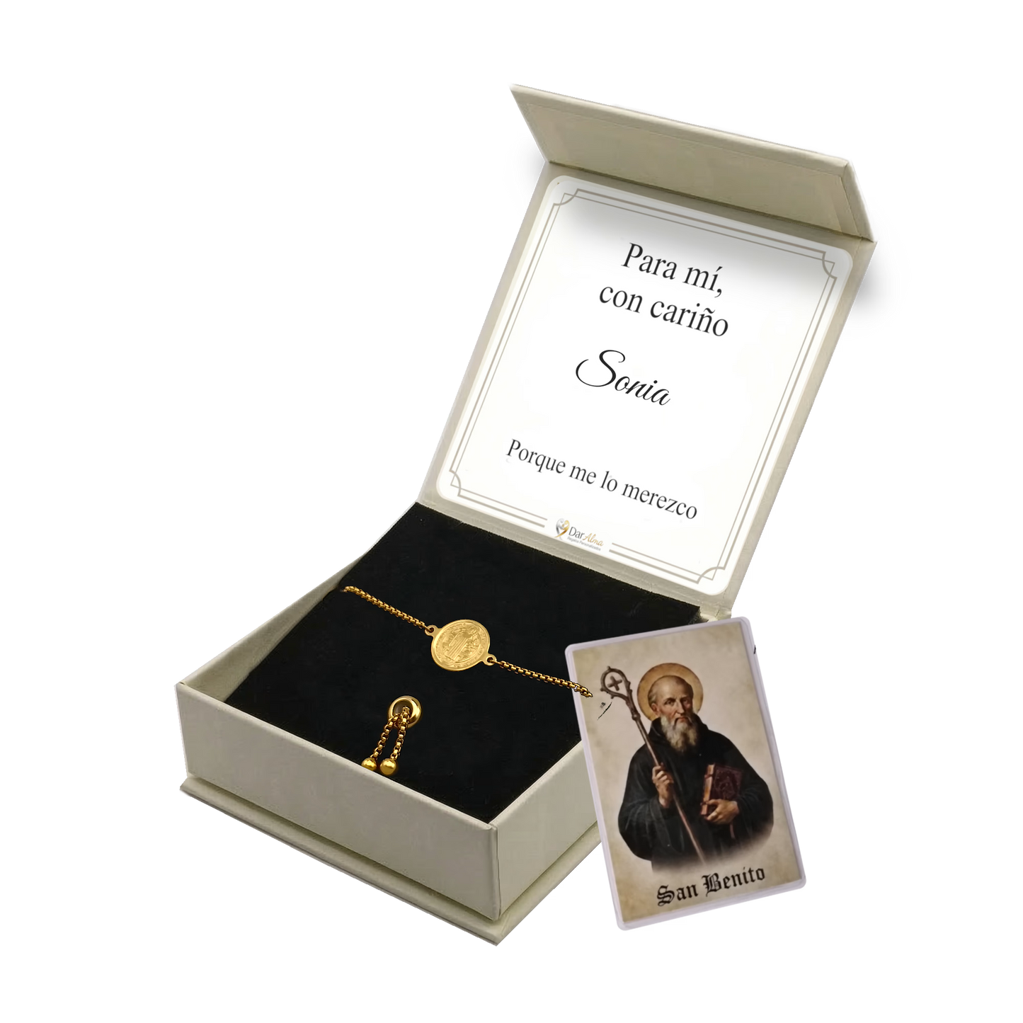 Pulsera San Benito de Acero · Tarjeta con Oración