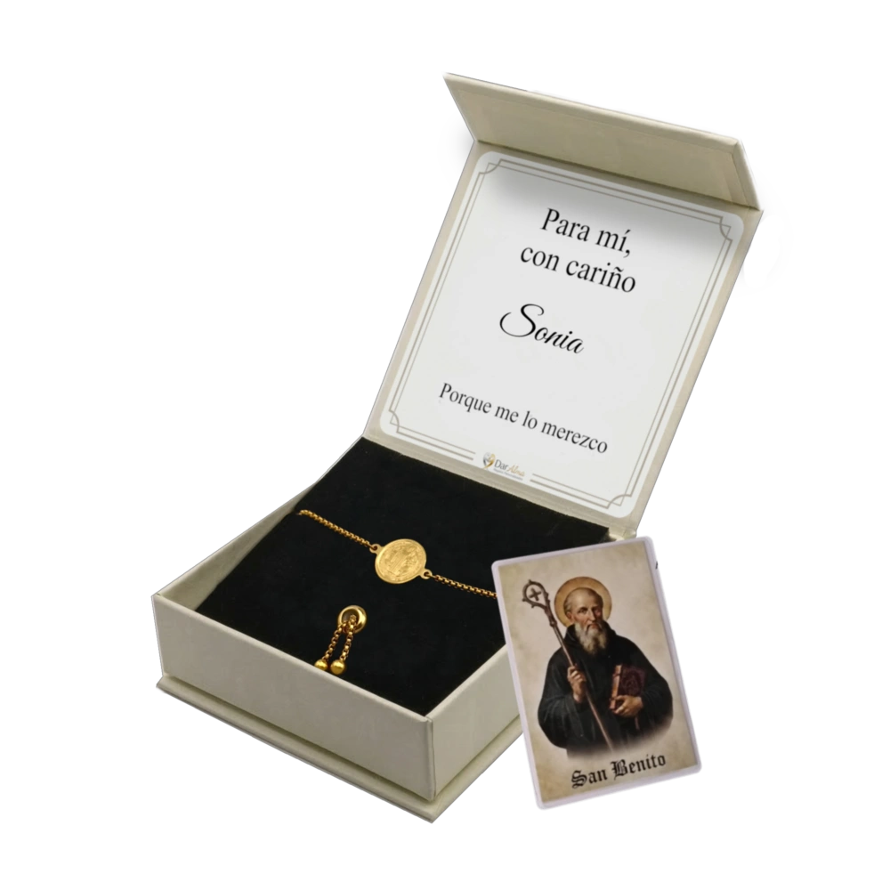 Pulsera San Benito de Acero · Tarjeta con Oración