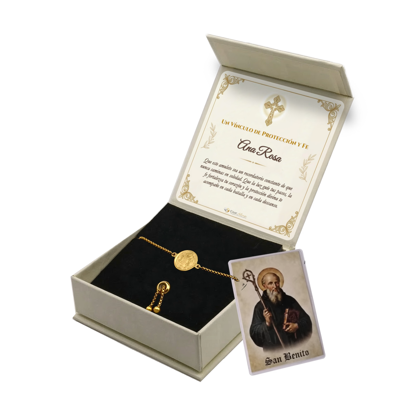 Pulsera San Benito en Inox. Ed. "Protección y Fe" + Tarjeta con Oración