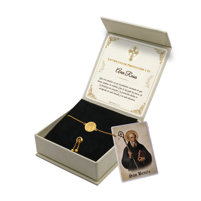 Pulsera San Benito en Inox. Ed. "Protección y Fe" + Tarjeta con Oración