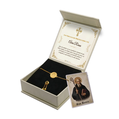 Pulsera San Benito de Acero · Tarjeta con Oración