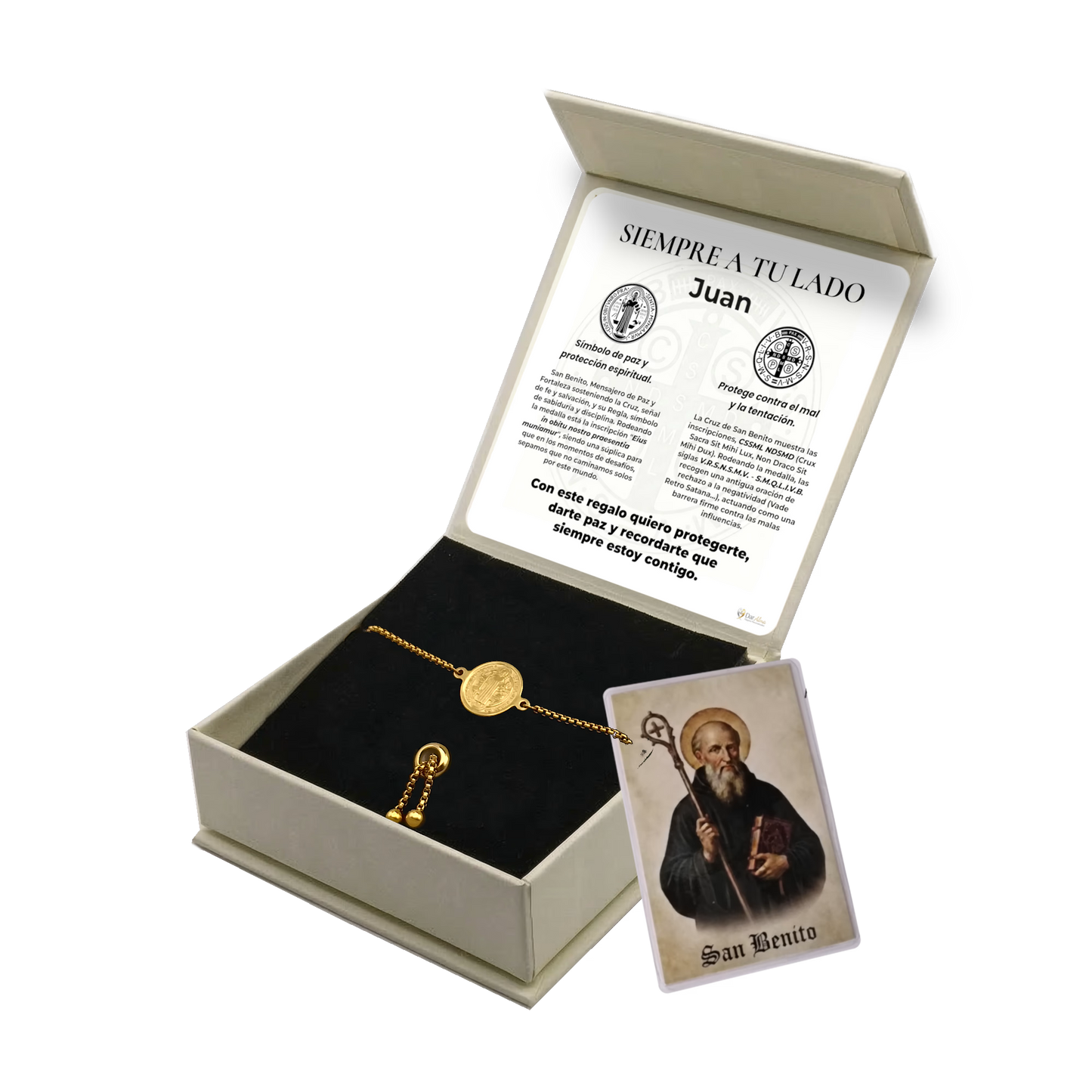 Pulsera San Benito en Inox. Ed. "Siempre a tu Lado" + Tarjeta con Oración