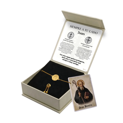 Pulsera San Benito en Inox. Ed. "Siempre a tu Lado" + Tarjeta con Oración