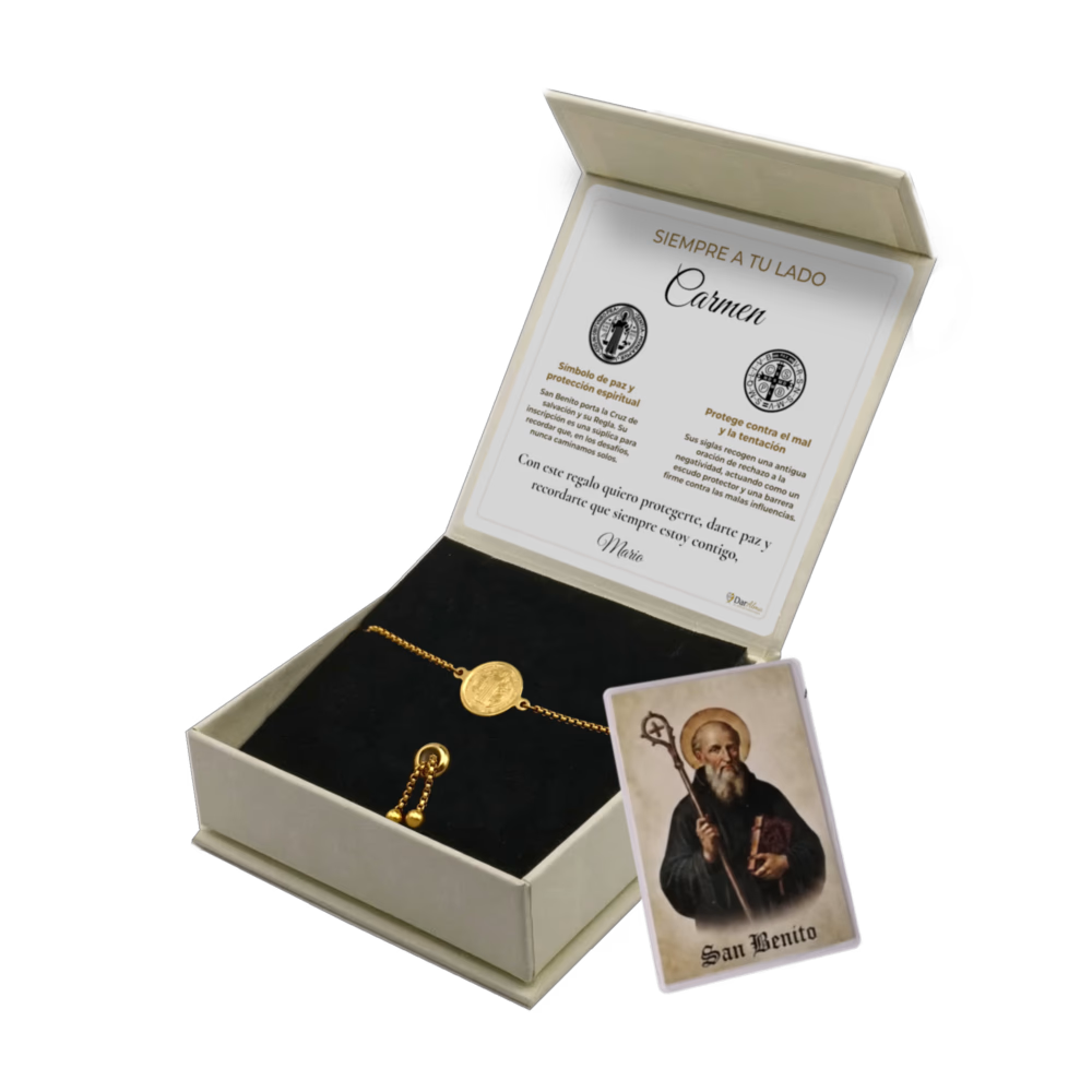 Pulsera San Benito de acero inoxidable bañado en oro
