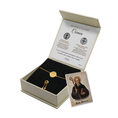 Pulsera San Benito de acero inoxidable bañado en oro