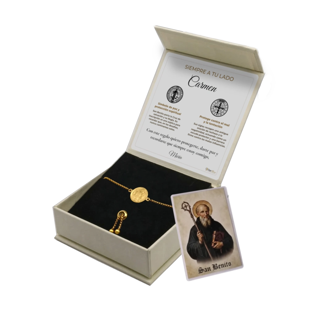 Pulsera San Benito de Acero · Tarjeta con Oración