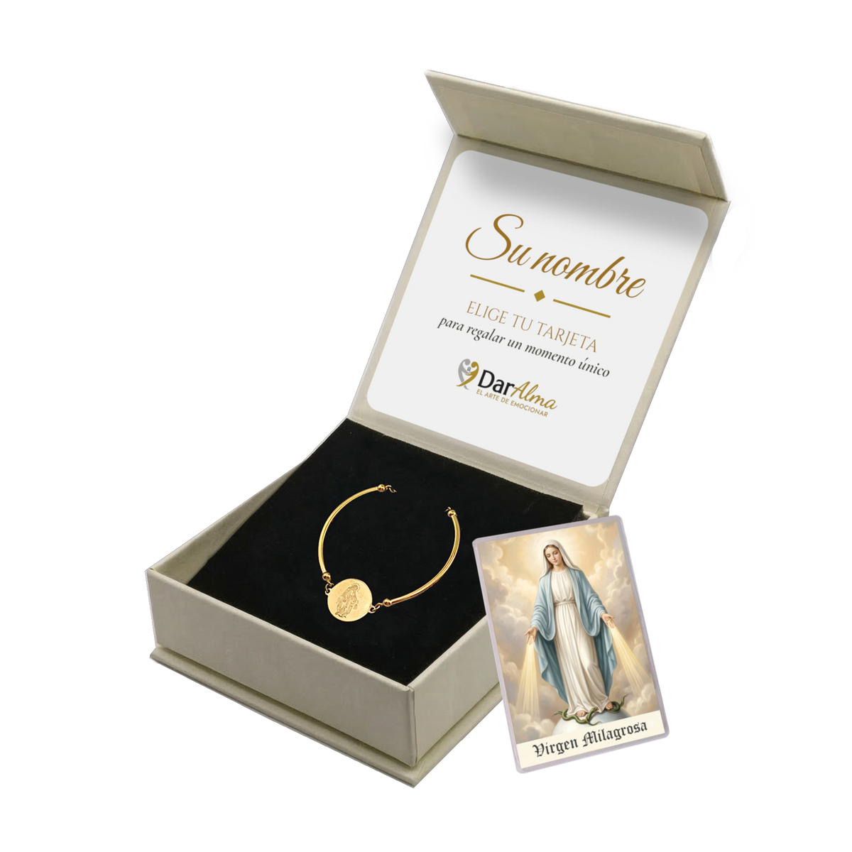 Pulsera Rígida Virgen Milagrosa de Acero · Tarjeta con Oración