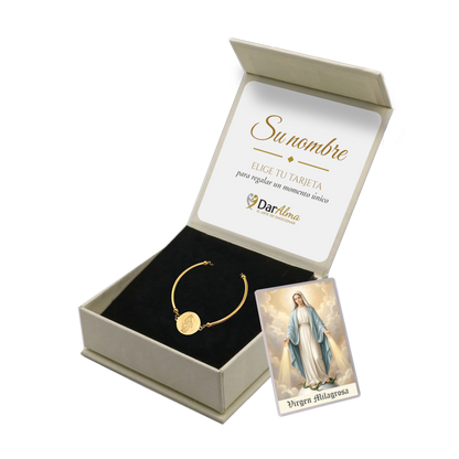 Pulsera Rígida Virgen Milagrosa de Acero · Tarjeta con Oración