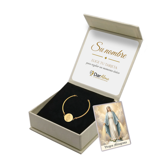 Pulsera Rígida Virgen Milagrosa de Acero · Tarjeta con Oración