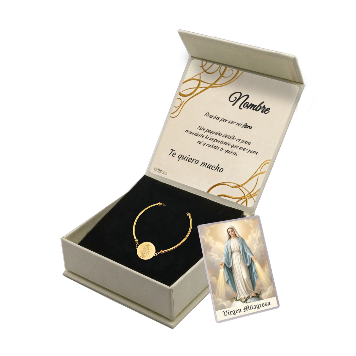 Pulsera Rígida Virgen Milagrosa de Acero · Tarjeta con Oración