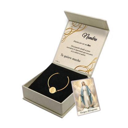 Pulsera Rígida Virgen Milagrosa de Acero · Tarjeta con Oración