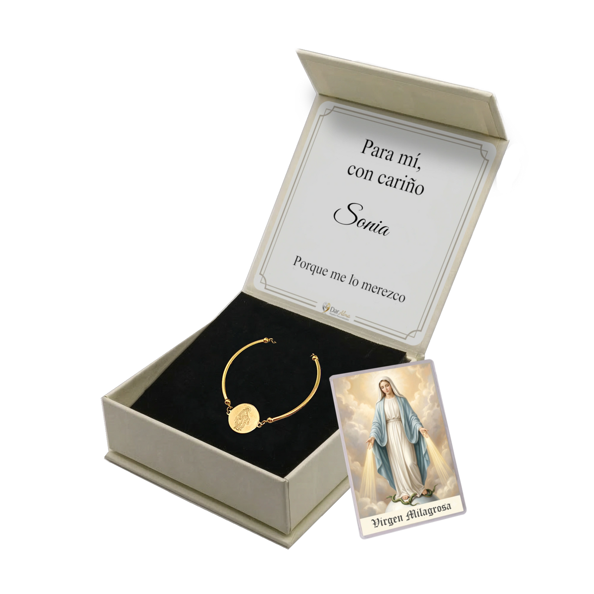 Pulsera Rígida Virgen Milagrosa de Acero · Tarjeta con Oración