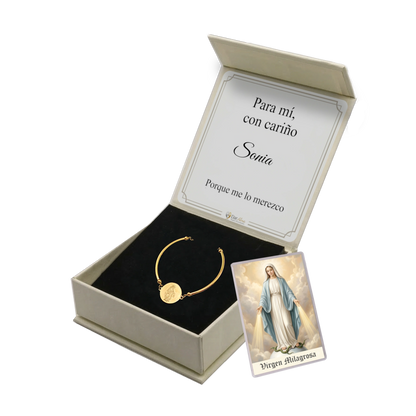 Pulsera Rígida Virgen Milagrosa de Acero · Tarjeta con Oración