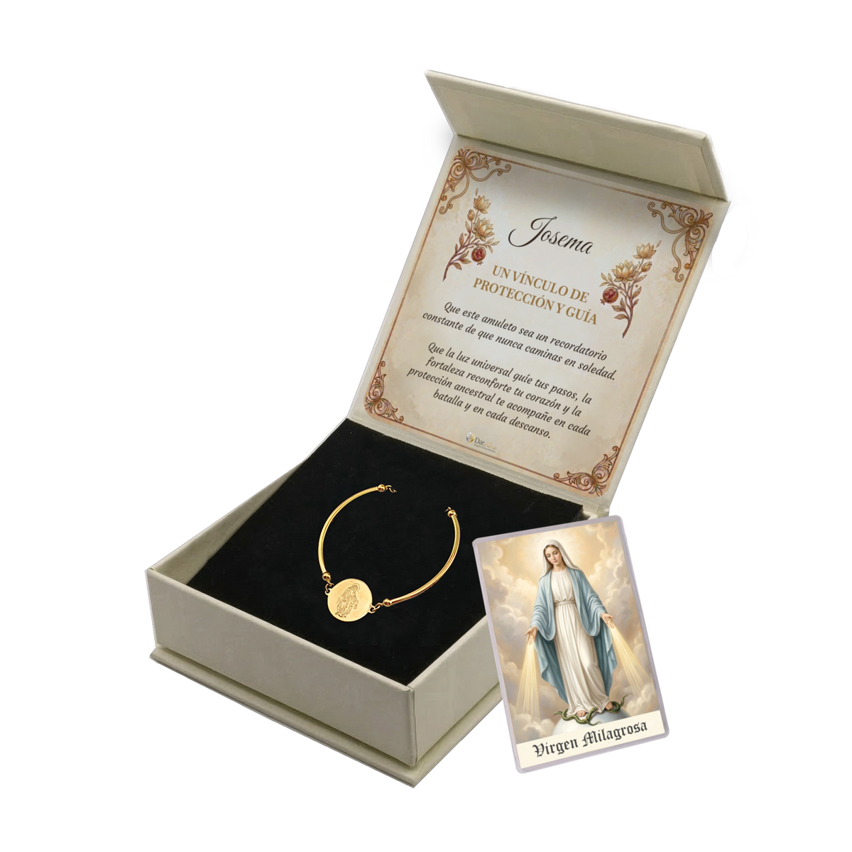 Pulsera Rígida Virgen Milagrosa de Acero · Tarjeta con Oración