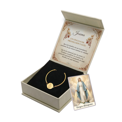 Pulsera Rígida Virgen Milagrosa de Acero · Tarjeta con Oración