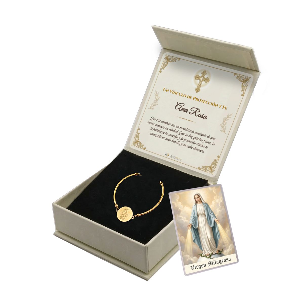Pulsera Rígida Virgen Milagrosa de Acero · Tarjeta con Oración