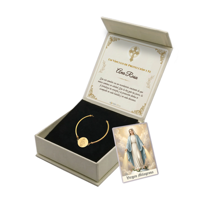 Pulsera Rígida Virgen Milagrosa de Acero · Tarjeta con Oración