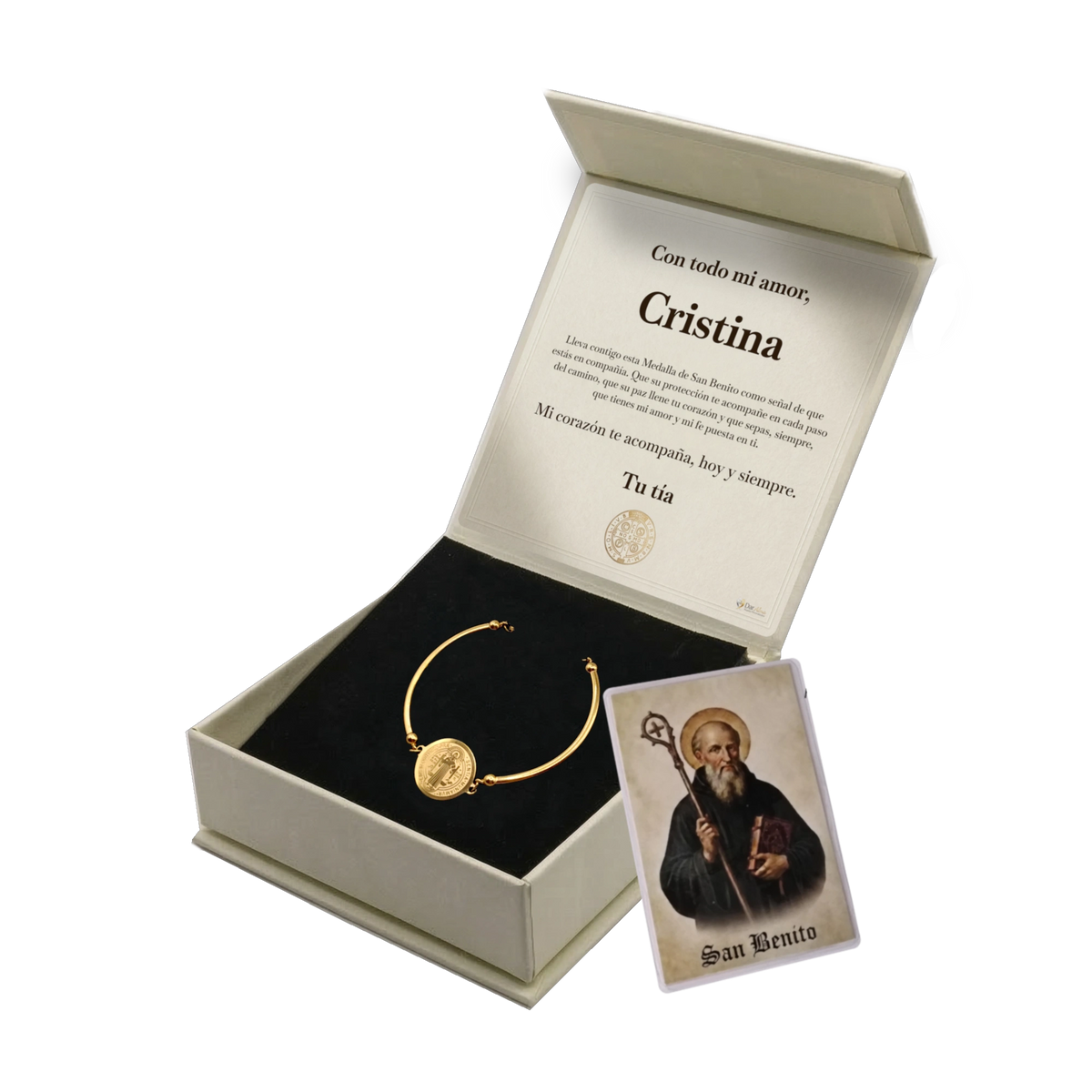 Pulsera Rígida San Benito de Acero · Tarjeta con Oración
